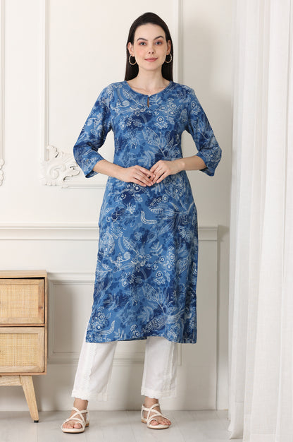 Indigo Blue Bird And Floral Printed Straight Kurta - wforwoman