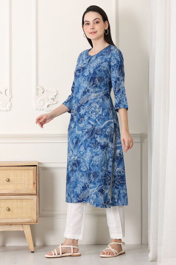 Indigo Blue Bird And Floral Printed Straight Kurta