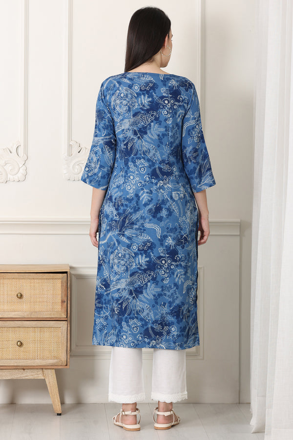 Indigo Blue Bird And Floral Printed Straight Kurta