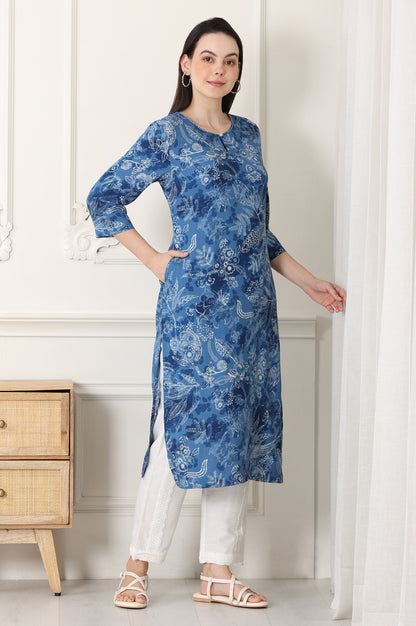 Indigo Blue Bird And Floral Printed Straight Kurta - wforwoman