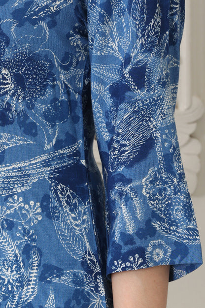 Indigo Blue Bird And Floral Printed Straight Kurta - wforwoman