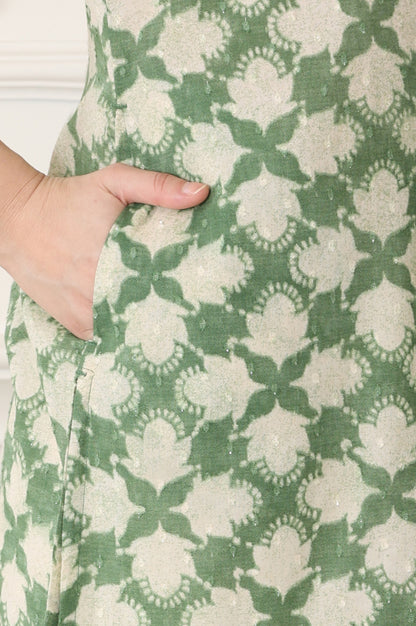Green Floral Printed Cotton Blend Textured Straight Kurta - wforwoman