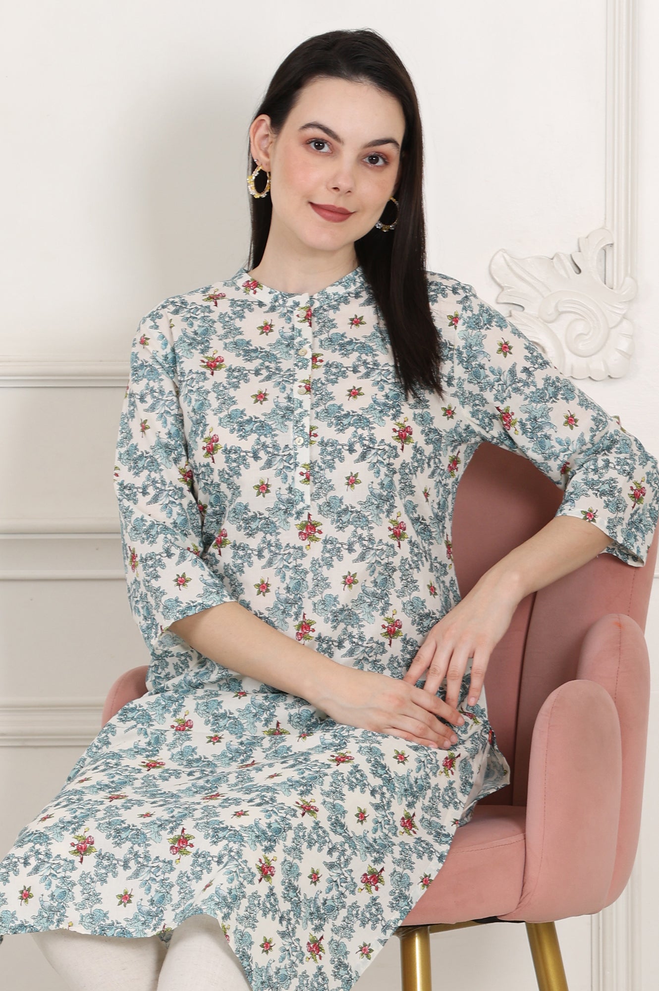 White Mandarin Collar Pure Cotton Straight Kurta With Green &amp; Orange Floral Print - wforwoman