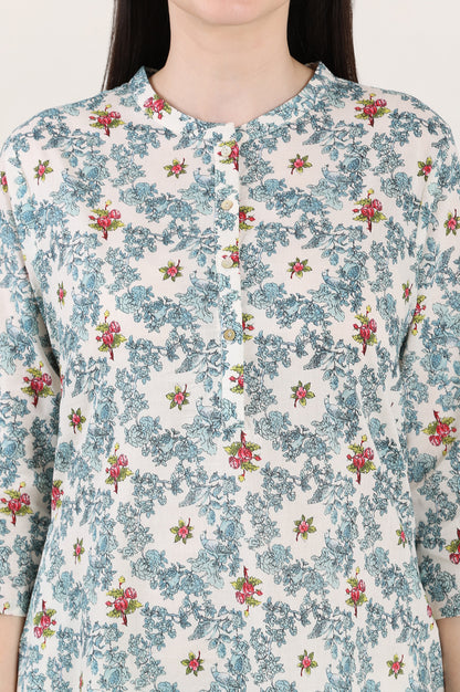 White Mandarin Collar Pure Cotton Straight Kurta With Green &amp; Orange Floral Print - wforwoman