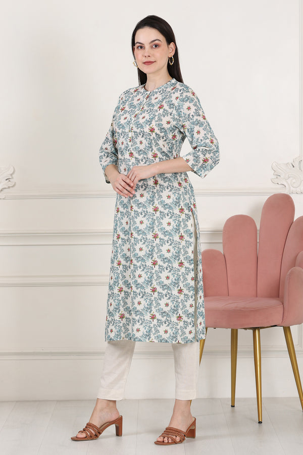 White Mandarin Collar Pure Cotton Straight Kurta With Green & Orange Floral Print