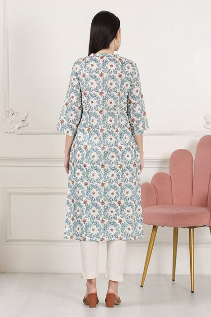 White Mandarin Collar Pure Cotton Straight Kurta With Green &amp; Orange Floral Print - wforwoman