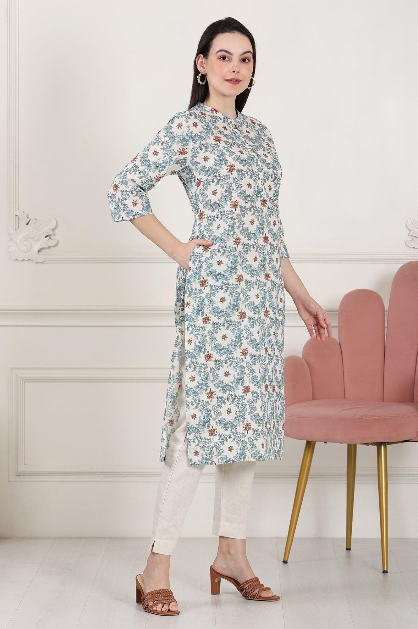 White Mandarin Collar Pure Cotton Straight Kurta With Green &amp; Orange Floral Print - wforwoman