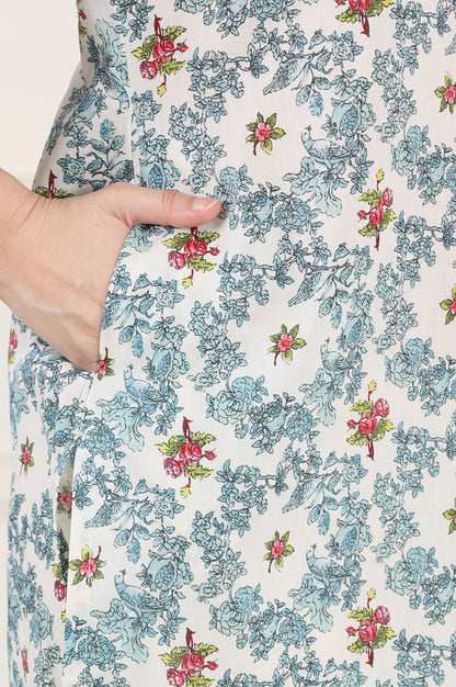 White Mandarin Collar Pure Cotton Straight Kurta With Green &amp; Orange Floral Print - wforwoman