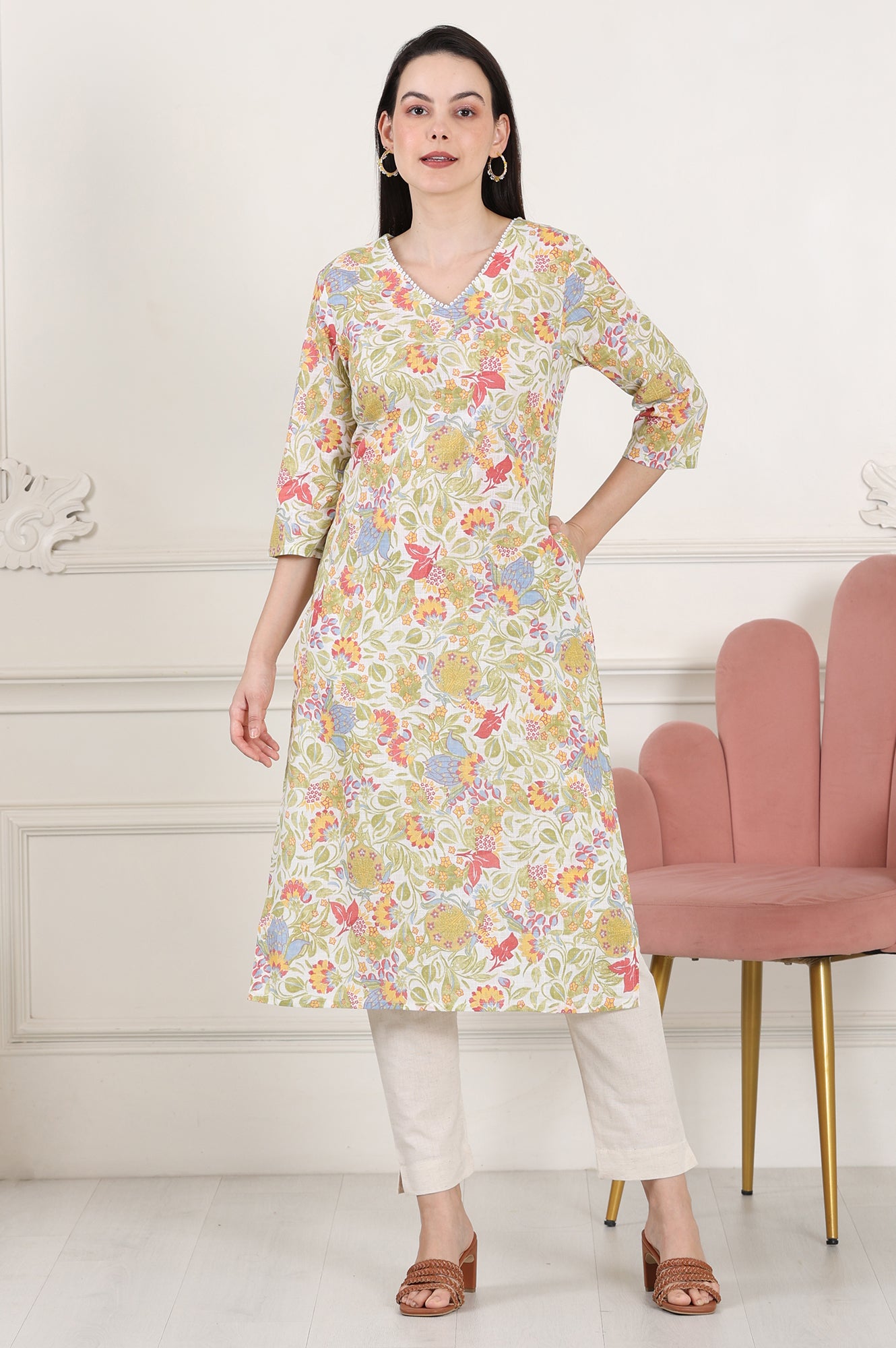 White Floral Printed Pure Cotton Straight Kurta With Lace On Neck - wforwoman