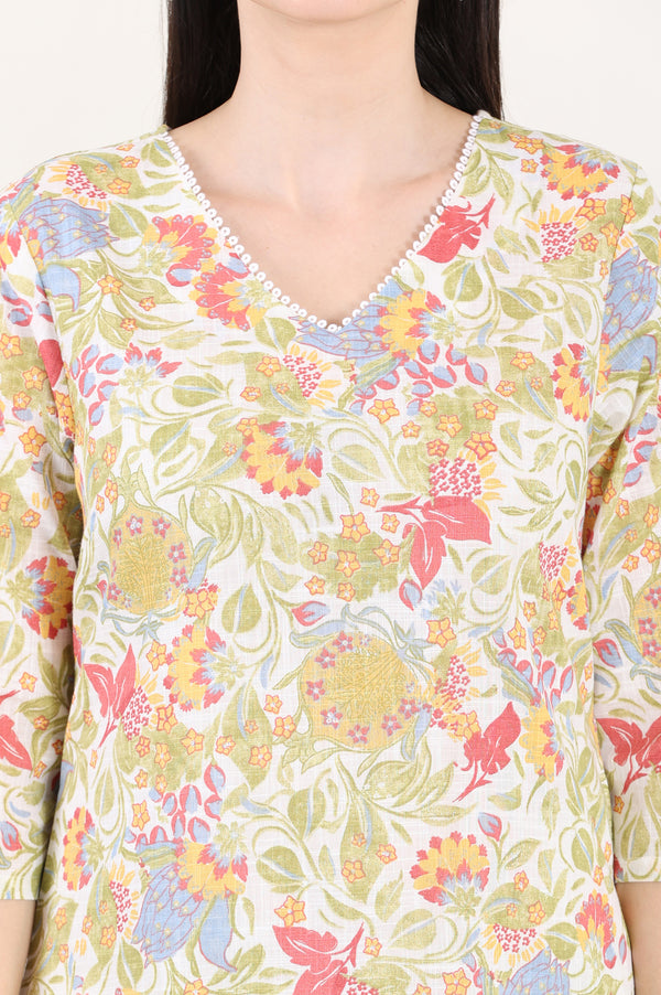 White Floral Printed Pure Cotton Straight Kurta With Lace On Neck