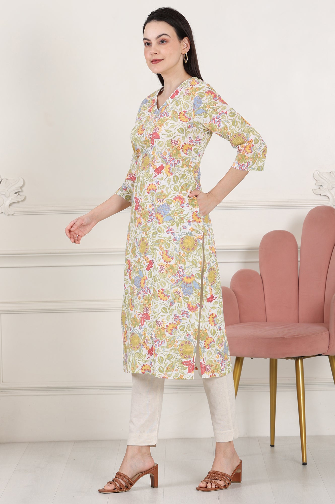 White Floral Printed Pure Cotton Straight Kurta With Lace On Neck - wforwoman