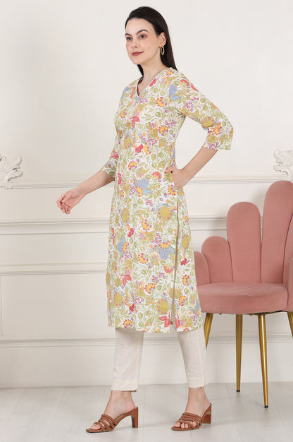 White Floral Printed Pure Cotton Straight Kurta With Lace On Neck - wforwoman