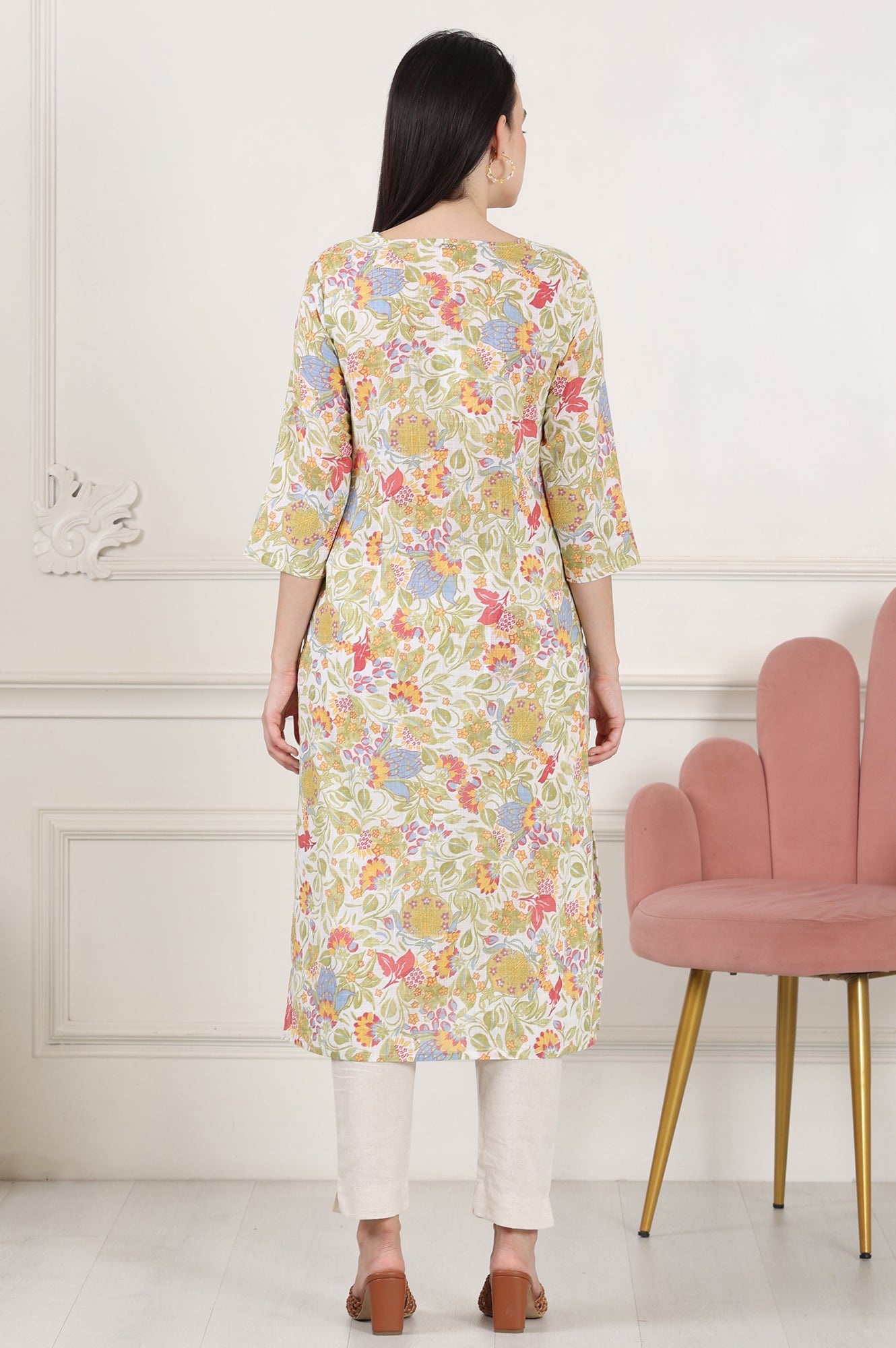 White Floral Printed Pure Cotton Straight Kurta With Lace On Neck - wforwoman