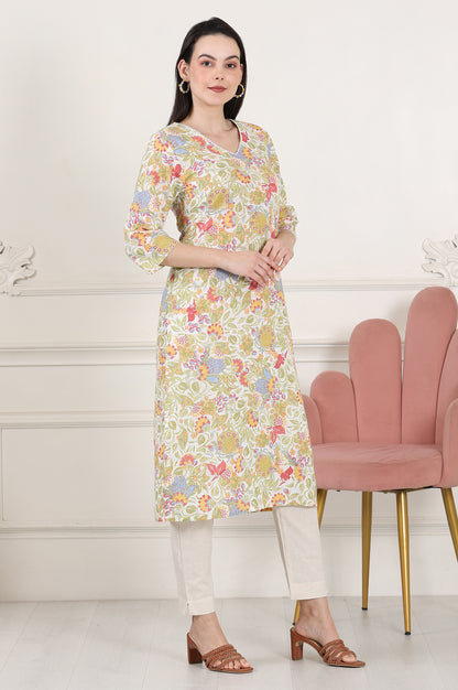 White Floral Printed Pure Cotton Straight Kurta With Lace On Neck - wforwoman