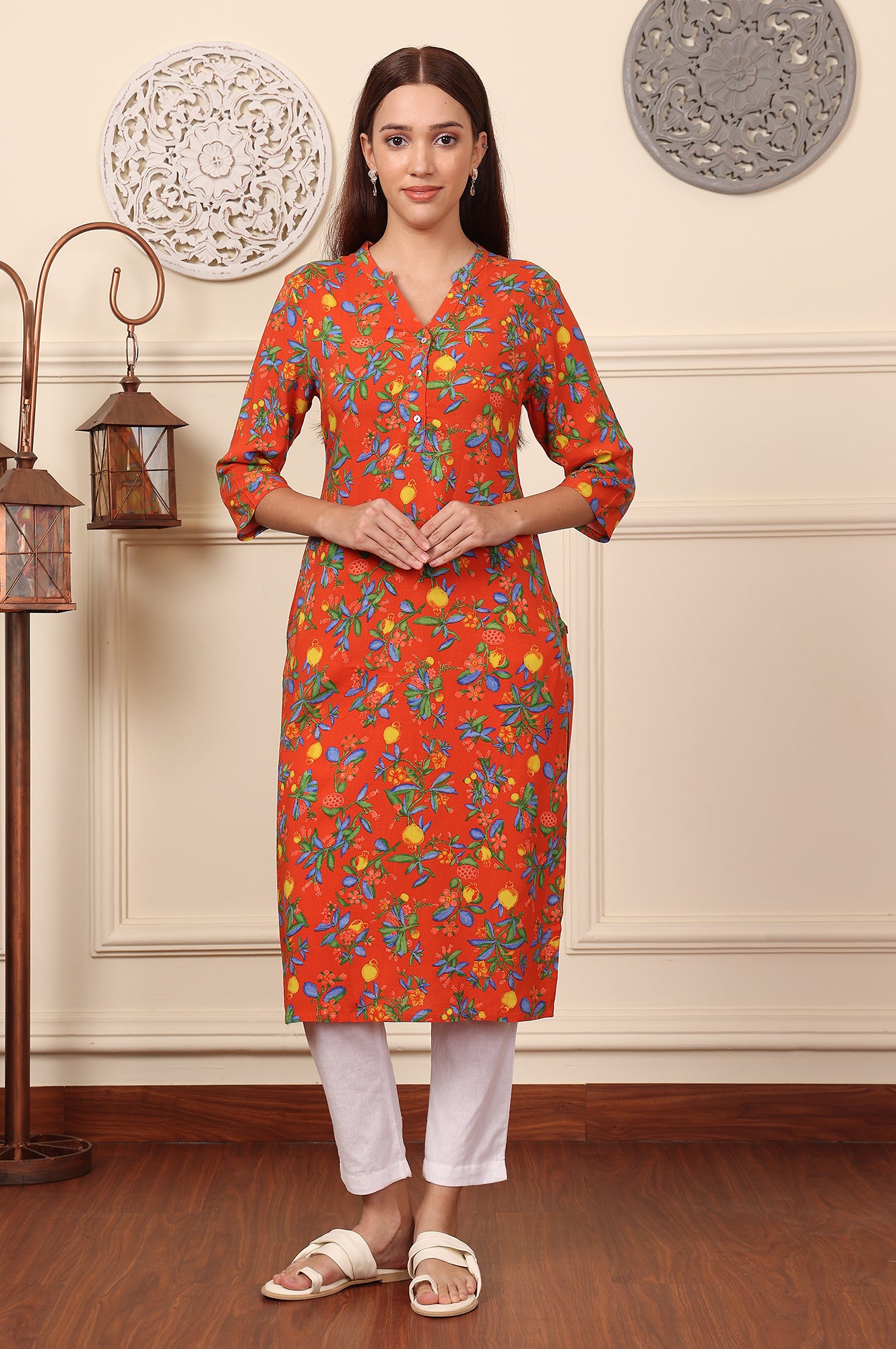 Orange Floral Printed Rayon Straight Kurta - wforwoman