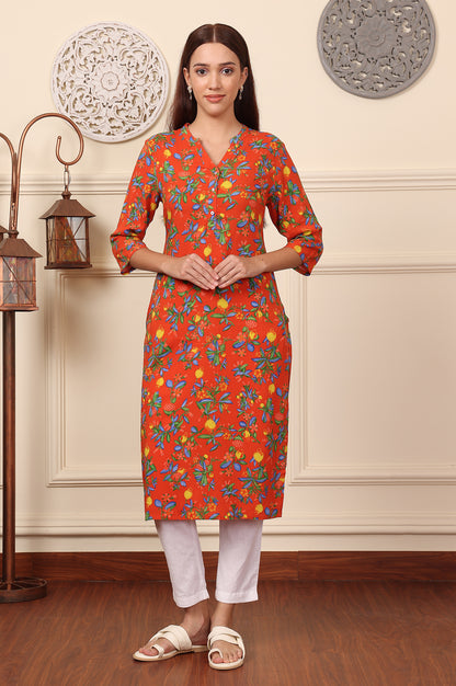 Orange Floral Printed Rayon Straight Kurta - wforwoman