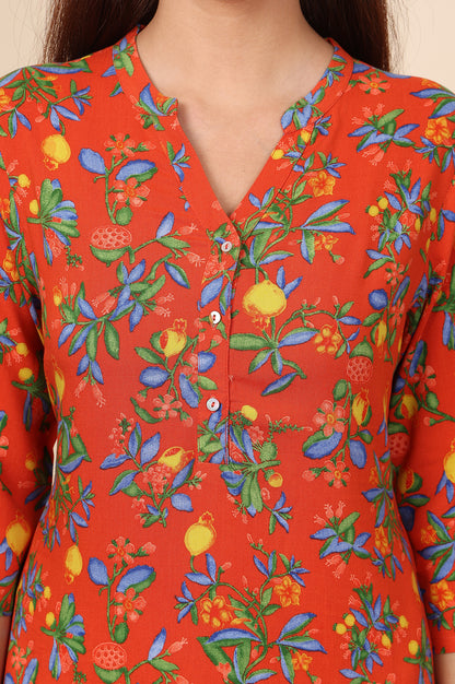 Orange Floral Printed Rayon Straight Kurta - wforwoman
