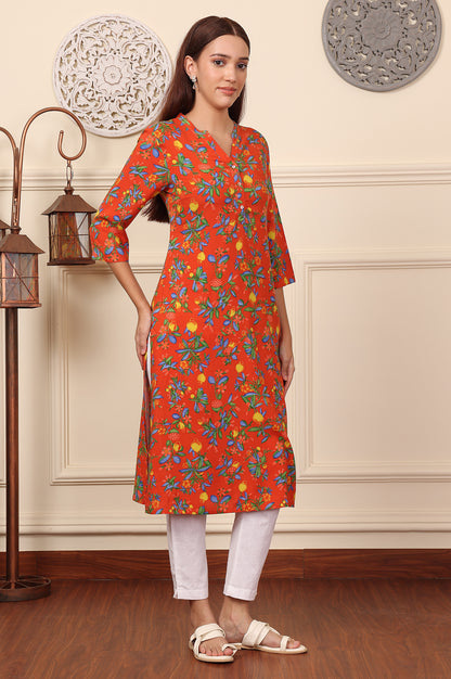 Orange Floral Printed Rayon Straight Kurta - wforwoman