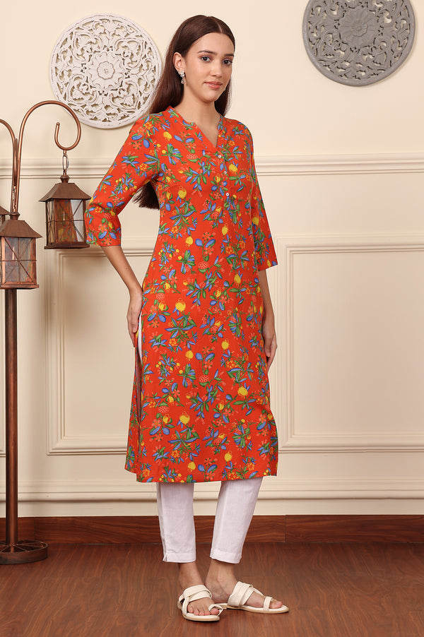 Orange Floral Straight Rayon Kurta