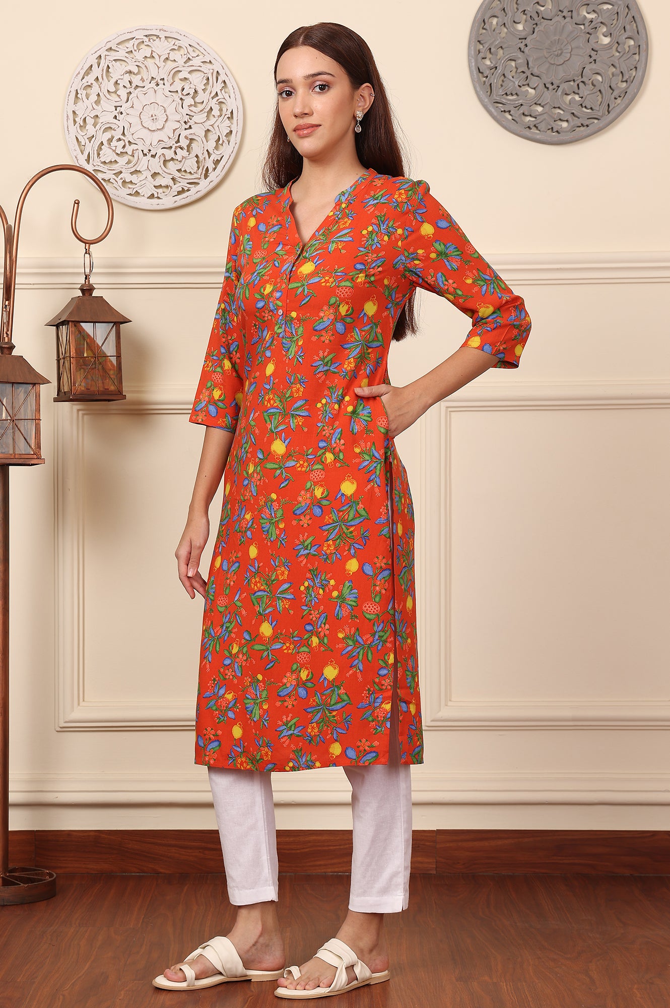 Orange Floral Printed Rayon Straight Kurta - wforwoman