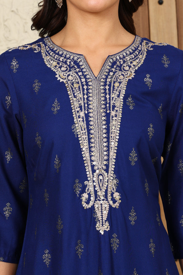 Navy Blue Glitter Paisley Printed Straight Kurta With Dori Embroidery On Yoke