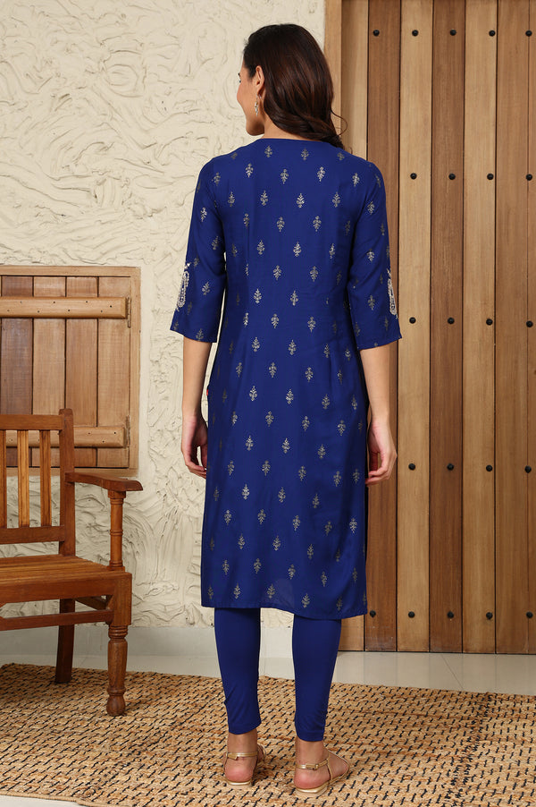 Navy Blue Glitter Paisley Printed Straight Kurta With Dori Embroidery On Yoke