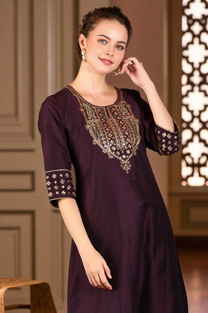 Wine Solid Flared Kurta With Embroidered Yoke