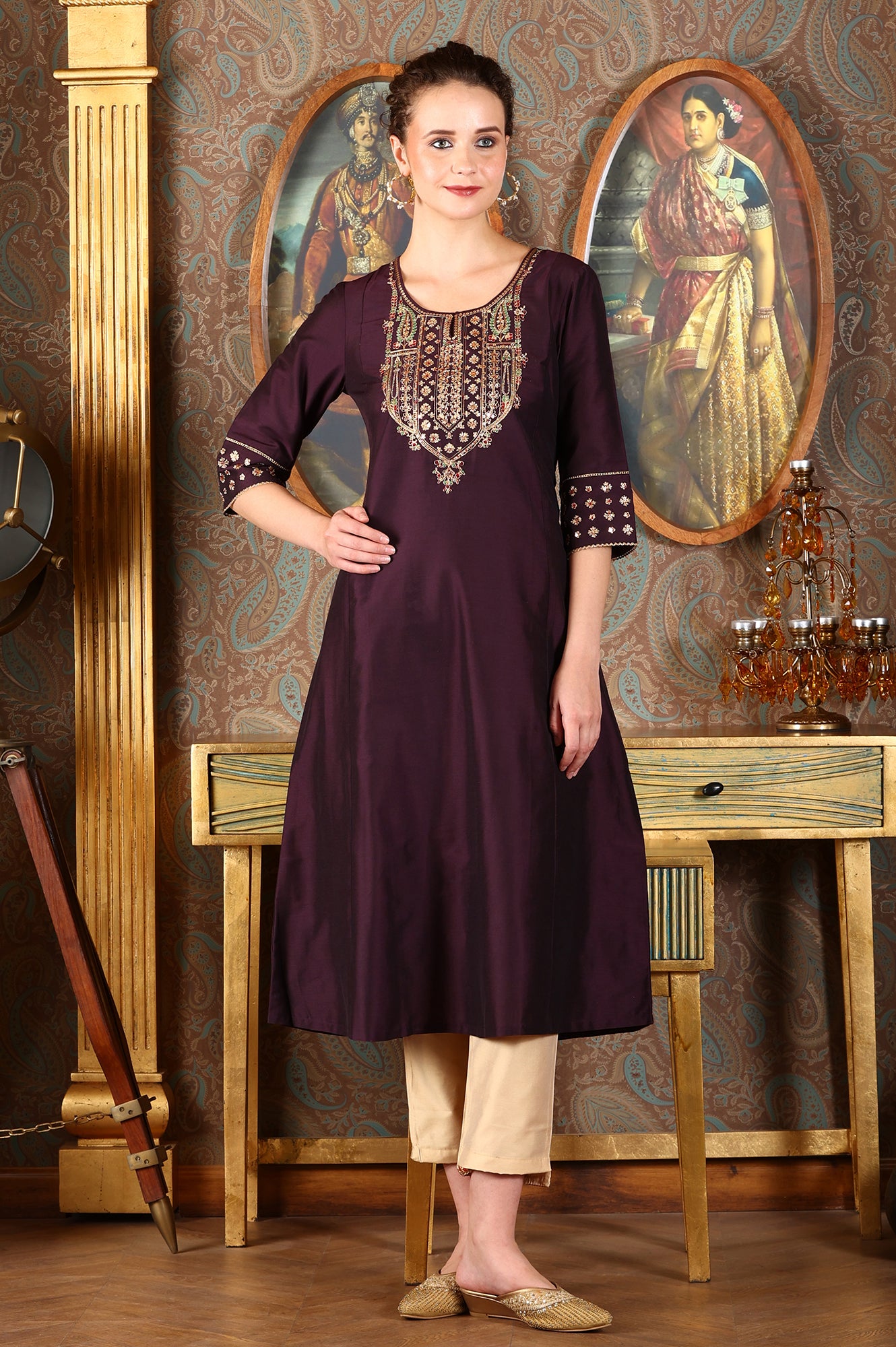 Wine Embroidered A-Line Silk Blend Kurta with Straight Pant and Dupatta Set