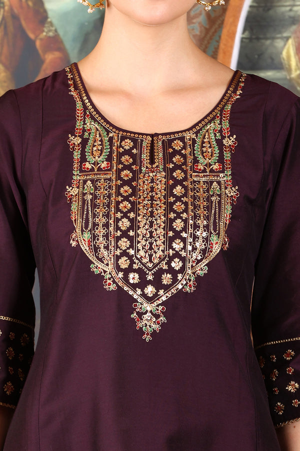 Wine Embroidered A-Line Silk Blend Kurta with Straight Pant and Dupatta Set