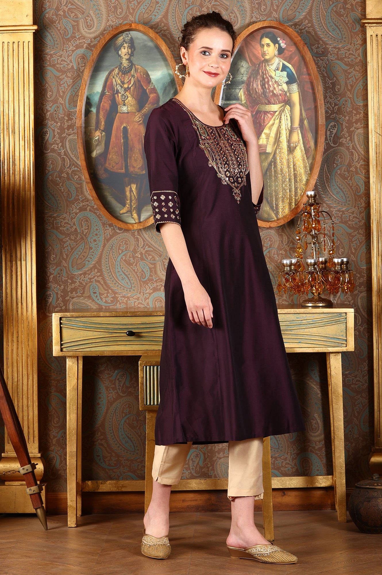 Wine Embroidered A-Line Silk Blend Kurta with Straight Pant and Dupatta Set