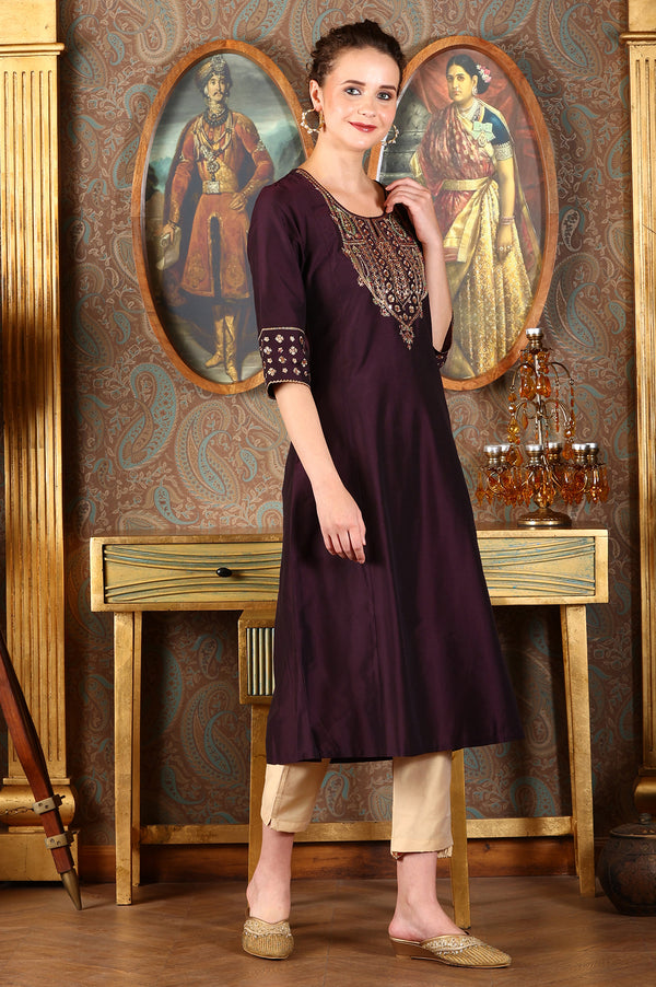 Wine Embroidered A-Line Silk Blend Kurta with Straight Pant and Dupatta Set
