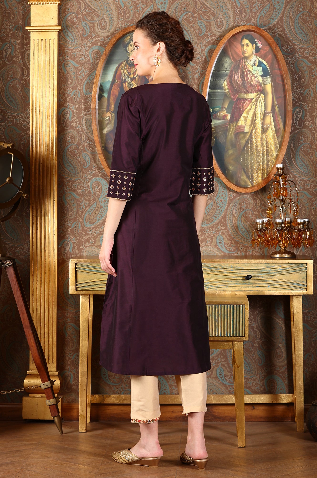Wine Embroidered A-Line Silk Blend Kurta with Straight Pant and Dupatta Set
