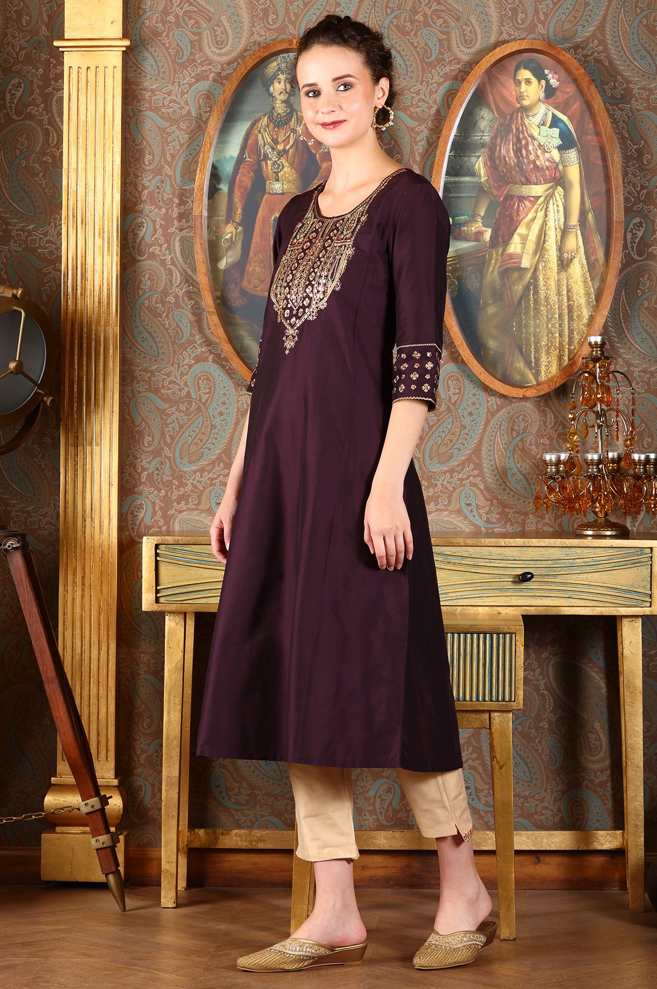 Wine Embroidered A-Line Silk Blend Kurta with Straight Pant and Dupatta Set