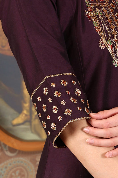 Wine Embroidered A-Line Silk Blend Kurta with Straight Pant and Dupatta Set