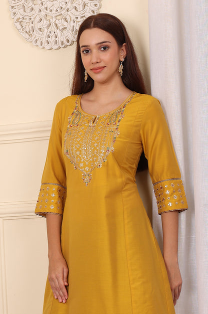 Yellow Embroidered A-Line Rayon Kurta with Straight Pant and Dupatta Set