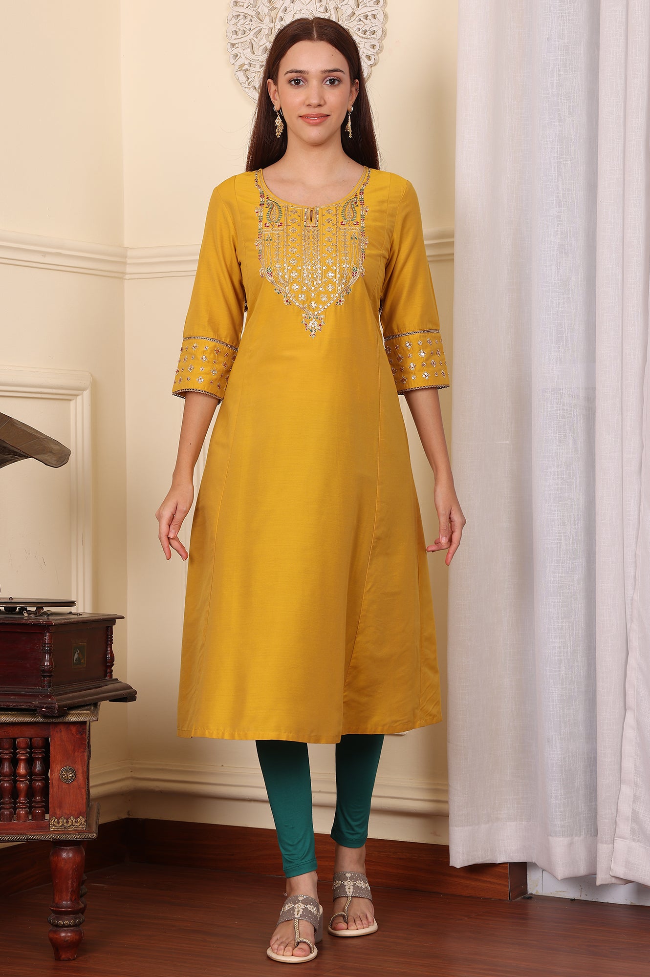 Yellow Embroidered A-Line Rayon Kurta with Straight Pant and Dupatta Set
