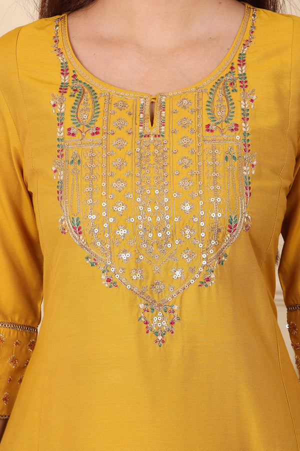 Mustard Yellow Solid Flared Kurta With Embroidered Yoke