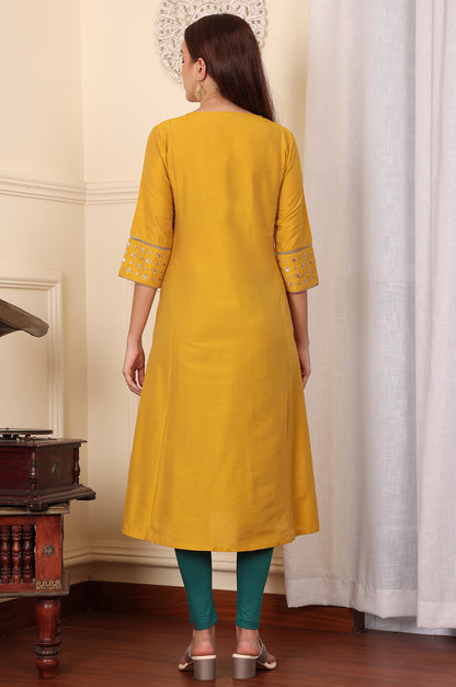 Yellow Embroidered A-Line Rayon Kurta with Straight Pant and Dupatta Set