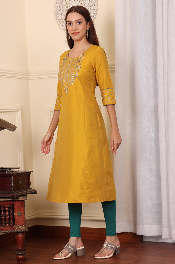 Mustard Yellow Solid Flared Kurta With Embroidered Yoke