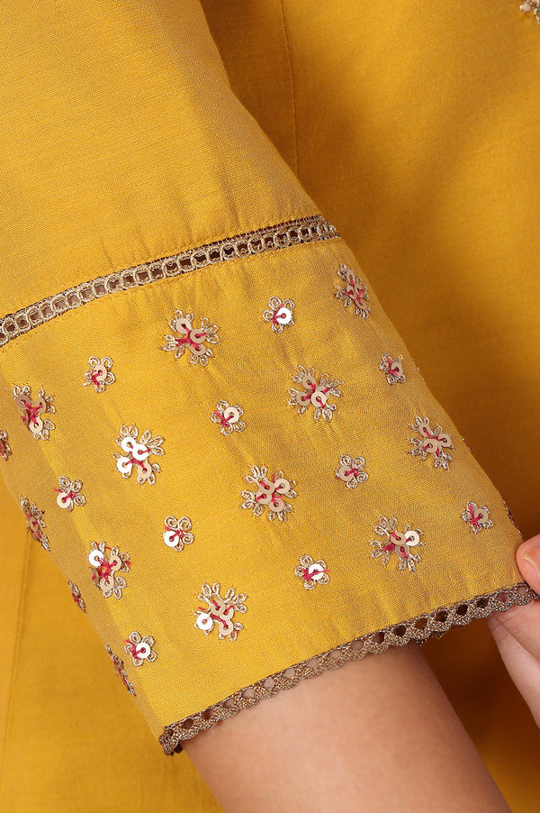 Yellow Embroidered A-Line Rayon Kurta with Straight Pant and Dupatta Set