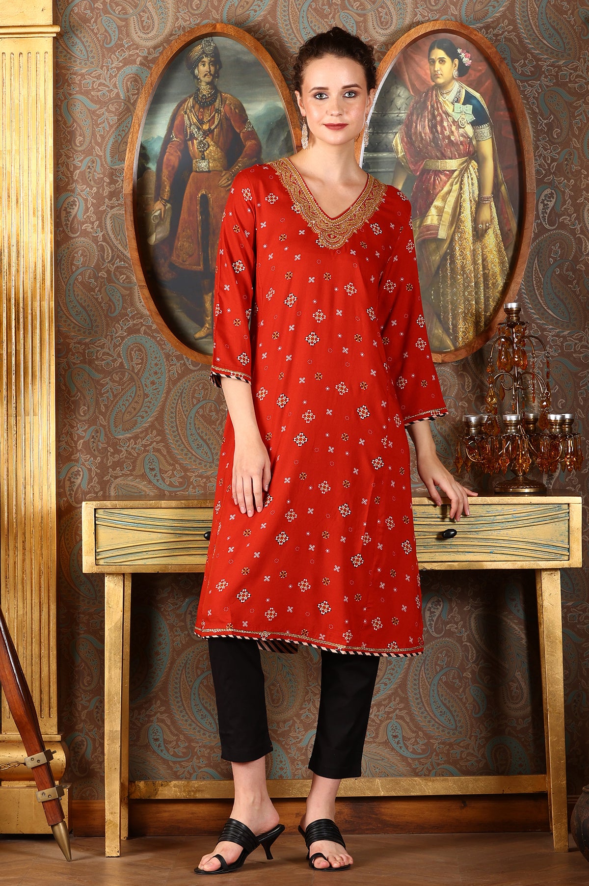 Ceramic Red Printed Straight Rayon Kurta With Metallic Embroidery On Neck - XS