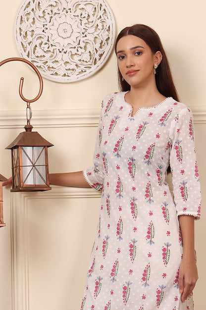 Off White Floral Lace Trim Straight Cotton Kurta