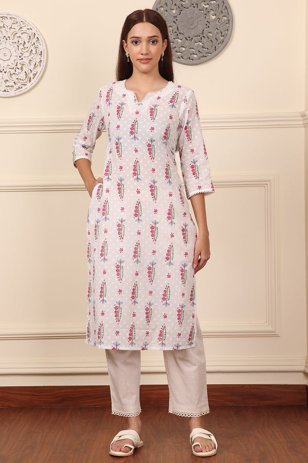 White Floral & Leaf Printed Textured Pure Cotton Straight Kurta