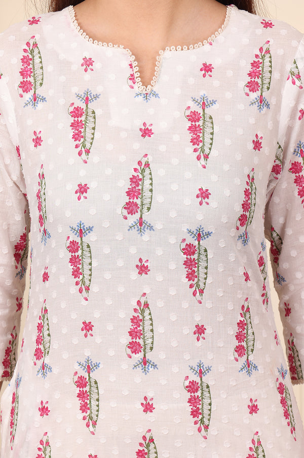 White Floral & Leaf Printed Textured Pure Cotton Straight Kurta