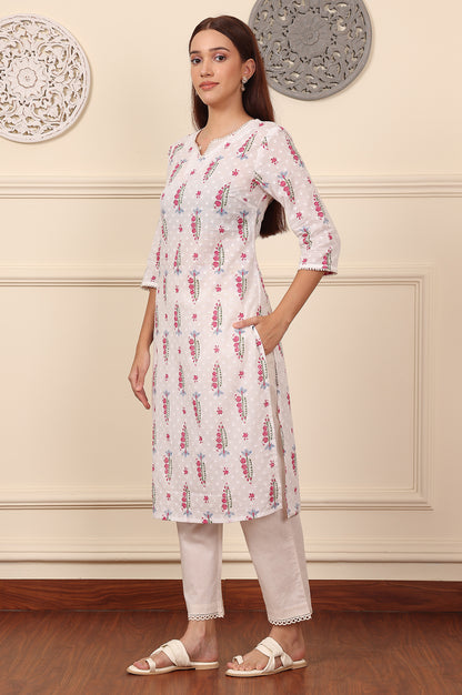 Off White Floral Lace Trim Straight Cotton Kurta