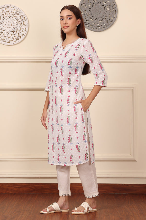 Off White Floral Lace Trim Straight Cotton Kurta