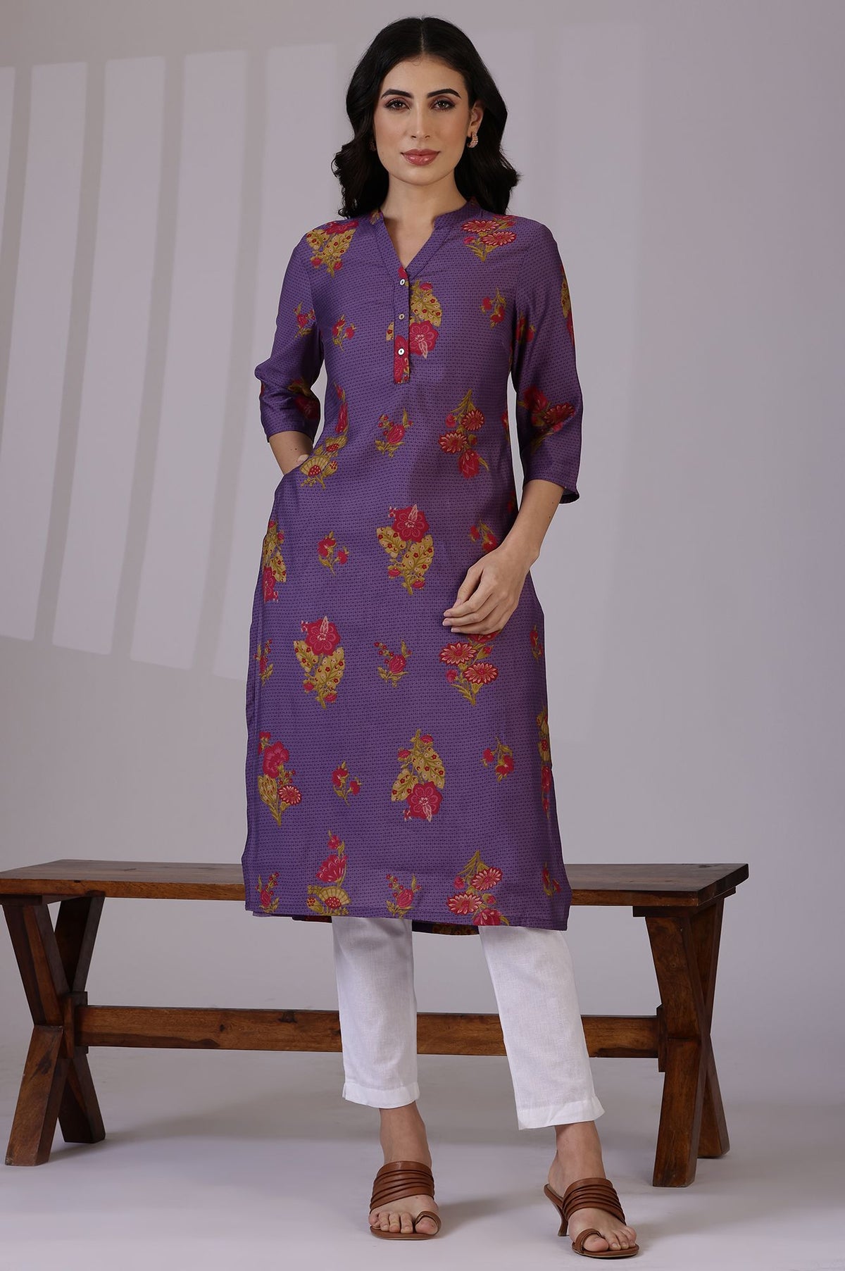 Purple Floral Printed Muslin Straight Kurta