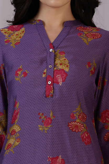 Purple Floral Straight Muslin Kurta