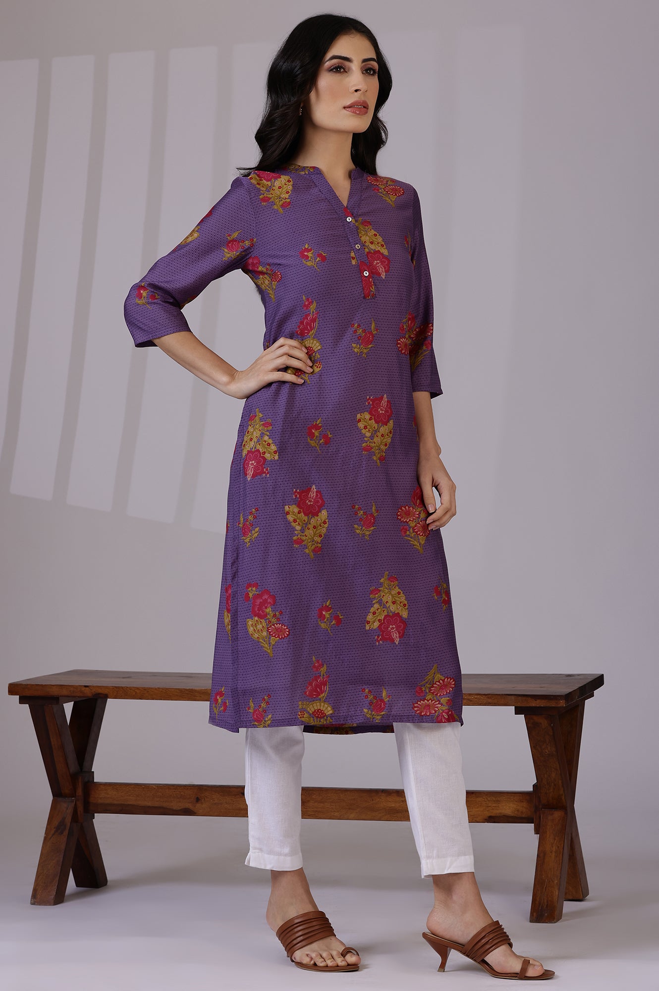 Purple Floral Straight Muslin Kurta
