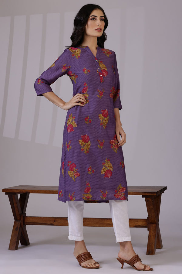 Purple Floral Printed Muslin Straight Kurta